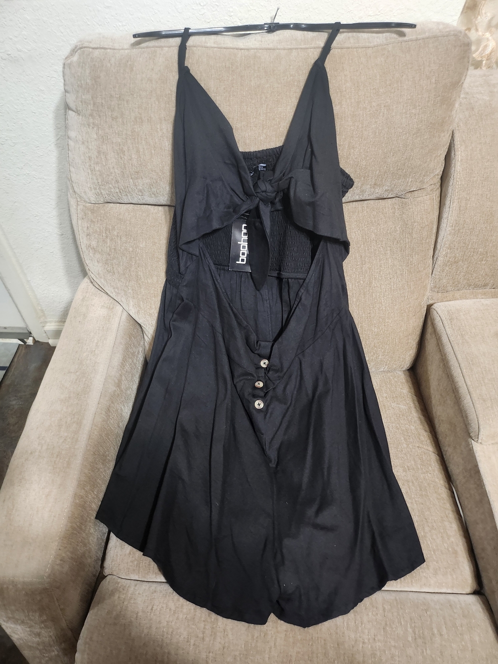 Boohoo Black Tie-Front Mini Dress with Button Detail